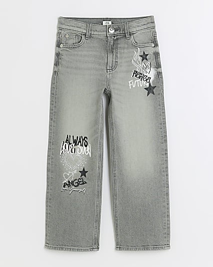 Girls grey straight graffiti jeans