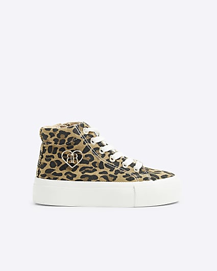 Girls brown canvas leopard platform trainers