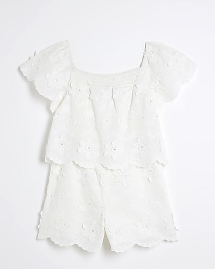 Girls white broderie flower playsuit