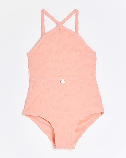 Girls coral towelling shell swimsuit