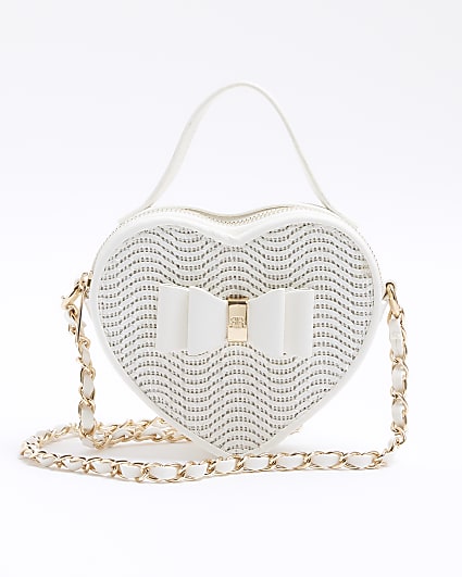 Girls white raffia heart cross body bag