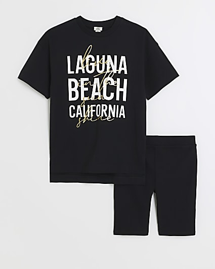 Girls black graphic t-shirt and shorts set