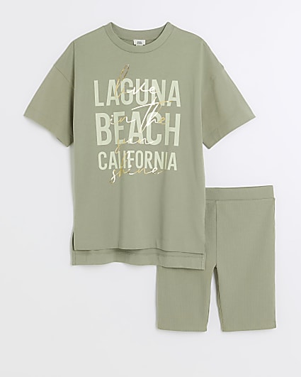 Girls khaki graphic t-shirt and shorts set