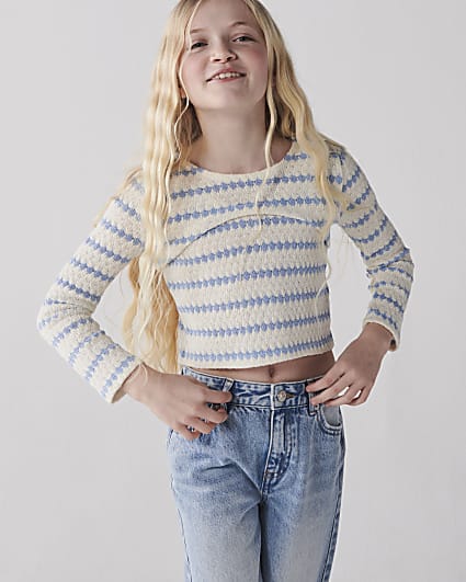 Girls blue crochet 2 in 1 long sleeve top