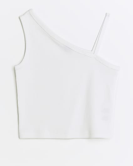 Girls white rib one shoulder vest top