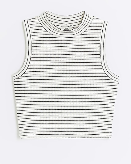 Girls white rib stripe high neck tank top