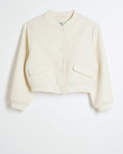 Girls cream boucle smart bomber jacket