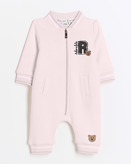 Baby girls pink bear zip up sleepsuit