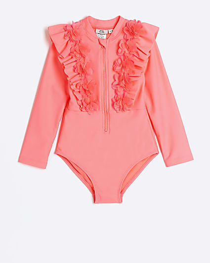 Mini girls pink frill floral swim rashsuit