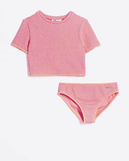 Girls coral textured t-shirt bikini set