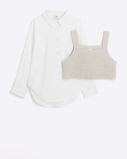 Girls Beige Embellished Knit Top And Shirt