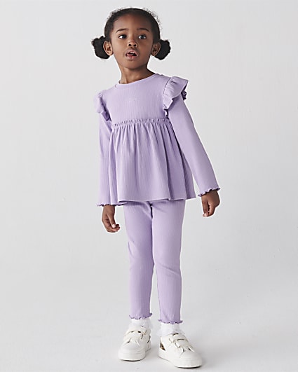 Mini girls purple rib peplum top set