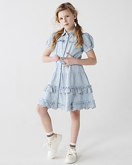 Girls denim tiered shirt dress