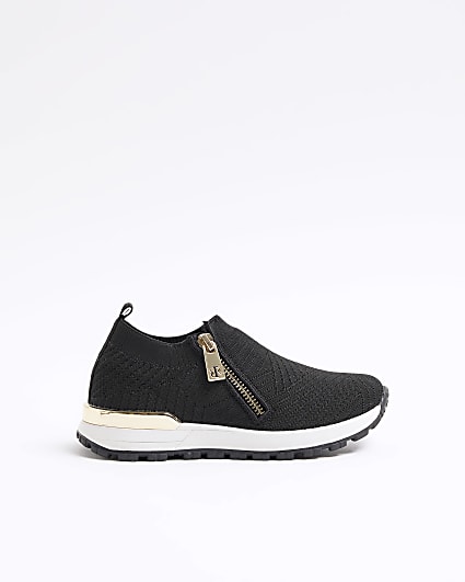 Girls black knit side zip trainers