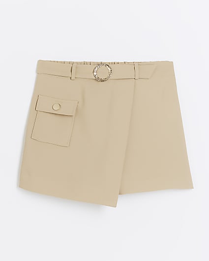 Girls beige buckle wrap cargo skort