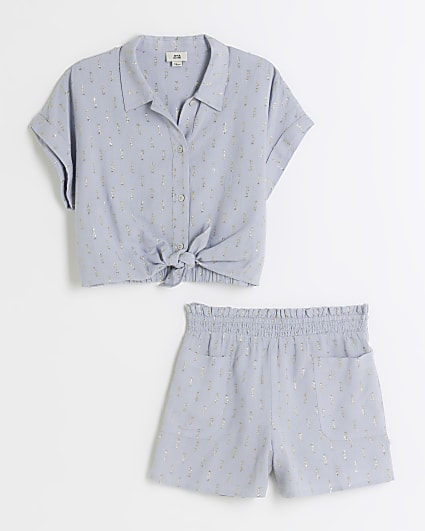 Girls blue glitter shirt and shorts set