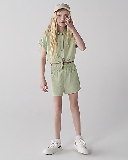 Girls green glitter shirt and shorts set