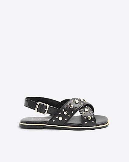 Girls Black Studded Flat Sandal