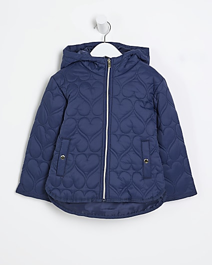 Mini girls navy Padded Heart Quilted Coat