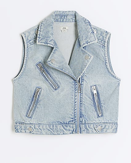 Girls blue zip biker denim gilet