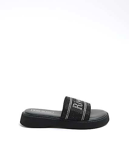 Girls black diamante flatform sandals