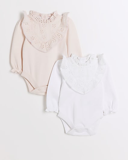 Baby girls pink broderie bodysuit 2 pack