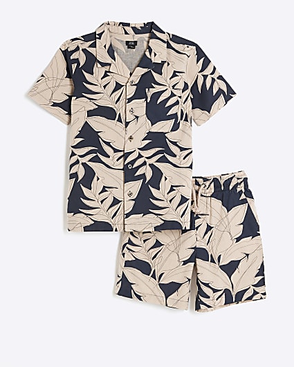 Boys black leaf print shirt set