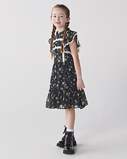 Girls black daisy lace time dress