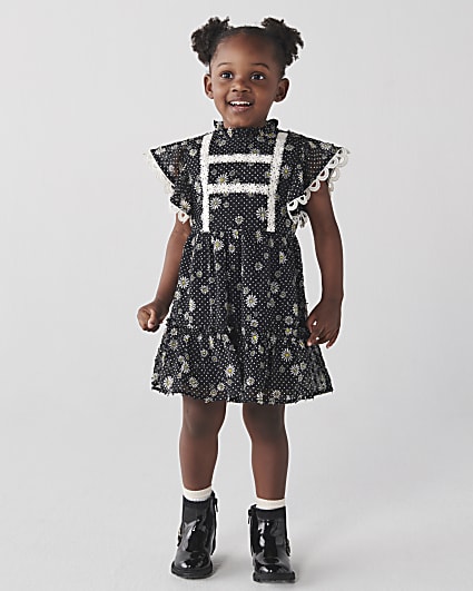 Mini girls black floral lace trim dress