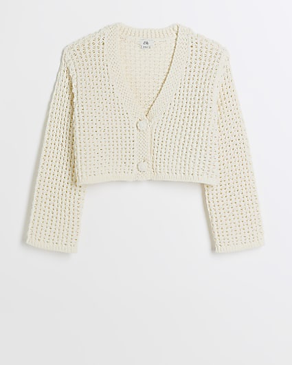 Girls ecru crochet crop cardigan