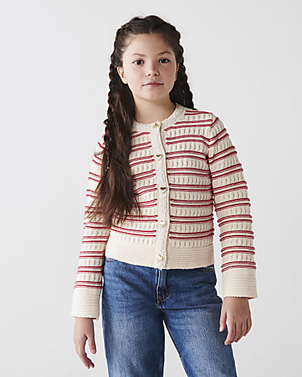 Girls red knit striped cardigan