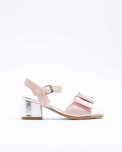 Girls pink diamante bow heel sandals