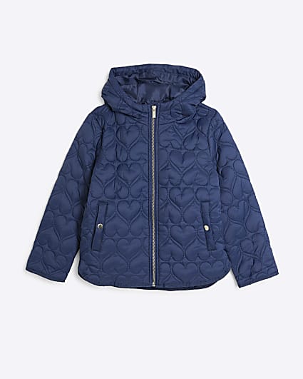 Girls Navy Hooded Heart Padded Coat