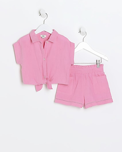 Mini girls pink textured tie up top set