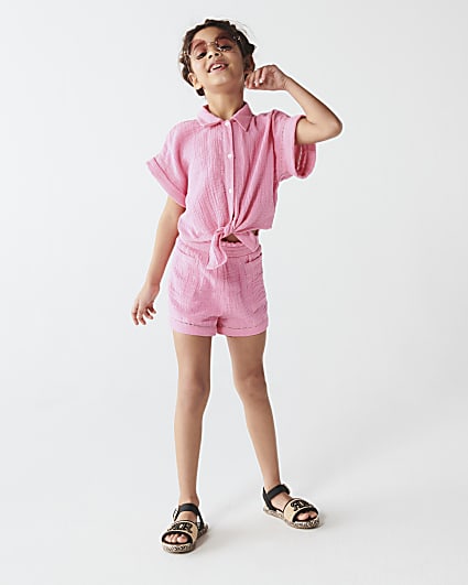 Girls pink textured tie up top set