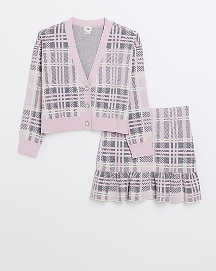 Girls pink check frill cardigan and skirt set