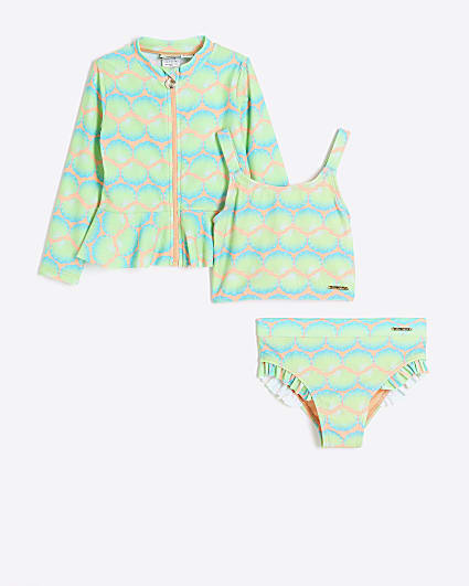 Mini girls green shell rash swim set