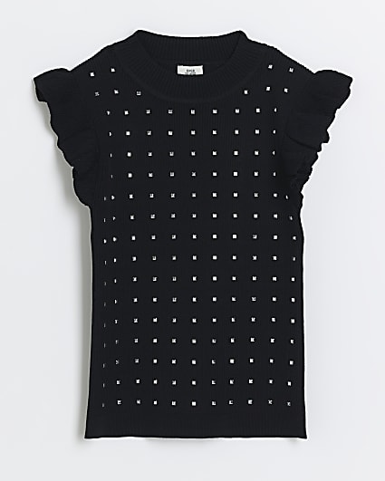 Girls black knitted stud top