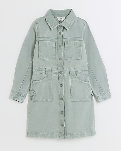 Girls green denim button up shirt dress