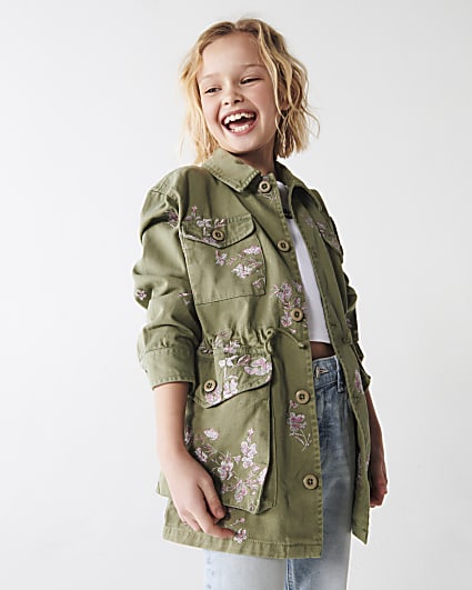 Girls khaki embroidered floral jacket