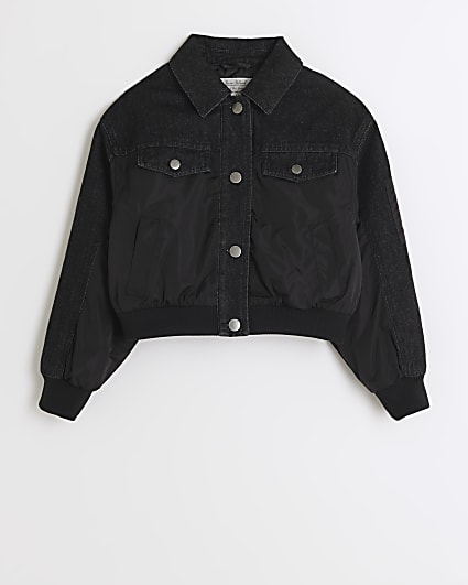 Girls black denim bomber jacket