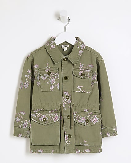 Mini girls khaki embroidered floral jacket