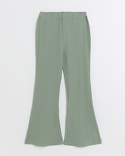 Girls khaki rib flared trousers