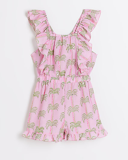 Girls pink palm print frill playsuit