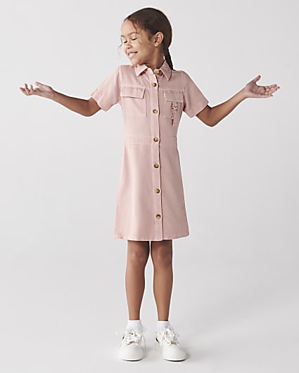 Girls pink denim look shirt dress