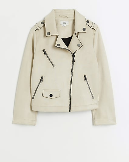 Girls Beige zip up biker jacket