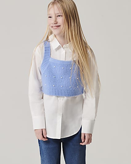 Girls Blue Embellished Knit Top and Shirt Set