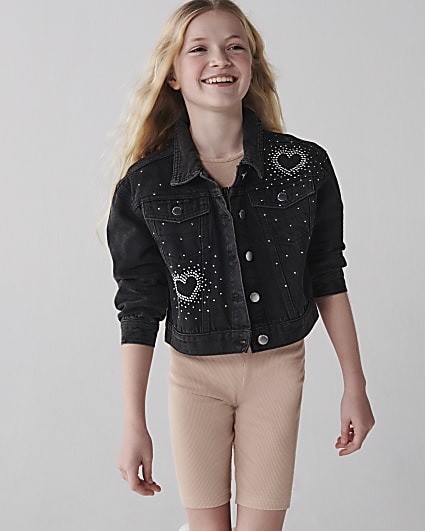 Girls black denim diamante heart jacket