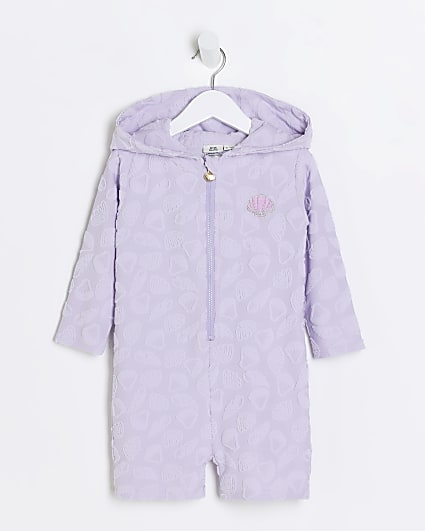 Mini girls purple hooded towelling playsuit