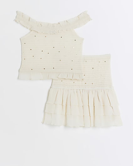 Girls beige shirred embellished beach set